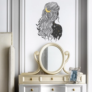 Detail of artistic girl back silhouette wall sticker with golden crescent moon and stars