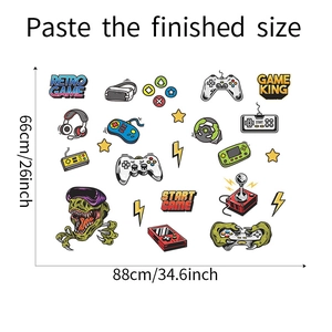 Detailed view of game wall stickers showing dimensions 88x66cm with controller icons