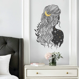 Modern wall sticker featuring a woman silhouette with starry moon and plant accents
