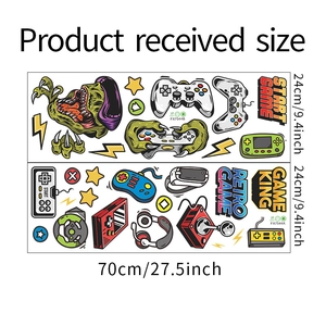 Detailed size chart showing 24x70cm gaming wall decals with controllers and VR motifs