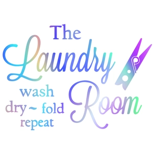 Detail of The Laundry Room wall decal with colorful wash dry fold repeat lettering