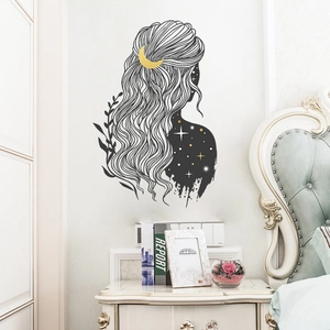 Elegant wall sticker with girl silhouette, moon and stars for bedroom wall decor