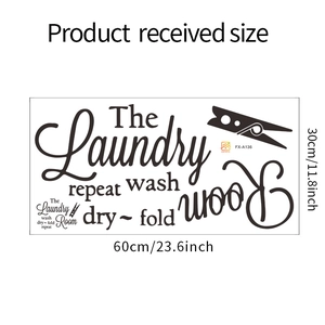 Detailed layout of Laundry Room wall sticker with Wash Dry Fold quotes in 60x30cm size