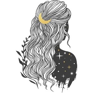 Detailed starry moon girl back silhouette wall sticker with golden star and plant accents