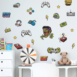 Cartoon gaming wall stickers featuring controllers and VR glasses for boys room decor
