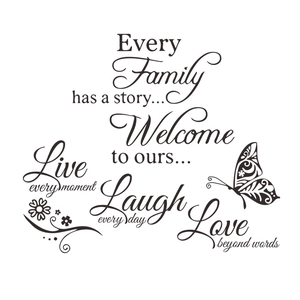 Détails des stickers muraux Family et Live Laugh Love avec motifs de papillons et de fleurs