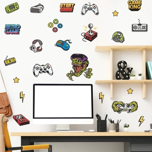 Retro gaming wall stickers with controllers and VR headset decor for boys room