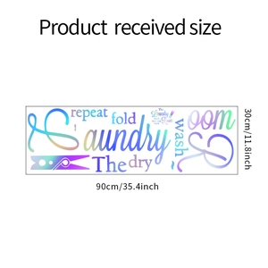 Detailed dimension guide for laundry room wall decal with holographic quote finish