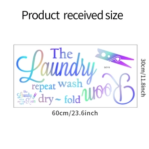 Layout and dimensions guide of The Laundry Room wall decal featuring holographic effects