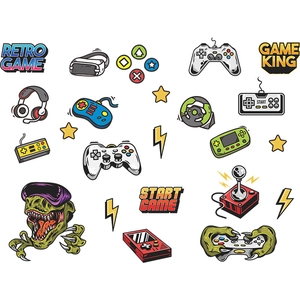 Cartoon gaming wall stickers featuring controllers and headsets for boys' room decor