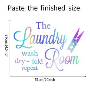 Detail view of The Laundry Room wall sticker with colorful gradient text and 51x37cm dimensions