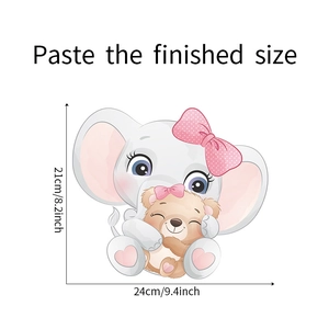 Detailed view of cartoon elephant and bear wall sticker with finished size measurements