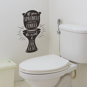 Black vinyl toilet silhouette wall sticker with English etiquette reminders for bathroom