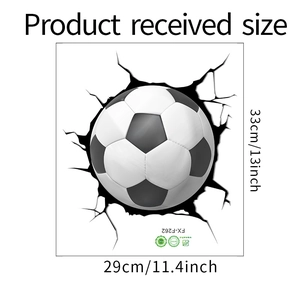 Detailed dimension guide showing 33x29cm 3D soccer ball wall sticker crack effect