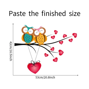 Detailed dimensions of owl wall decal showing finished size of 42cm height and 53cm width