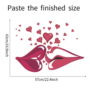 Detailed size chart showing red lips and hearts wall sticker dimensions 43cm by 57cm