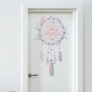 Artistic dreamcatcher wall sticker with gradient purple feathers on white door