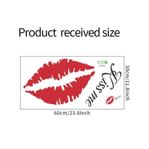 Detailed size guide of red lips and Kiss me wall sticker measuring 60x30cm