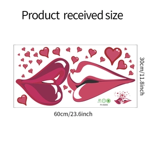 Detailed view of red lips and hearts wall sticker showing sheet size 60cm x 30cm