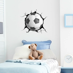 3D football wall sticker for kids' bedroom featuring broken wall crack effect decoration