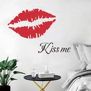 Romantic red lip kiss me wall sticker for bedroom decor on a white background