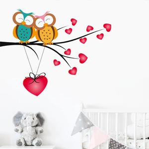 Cartoon owl couple on a tree branch with red hearts wall decal for nursery home decoration