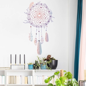 Artistic dreamcatcher wall sticker with blue-purple gradient feathers and mesh on white wall