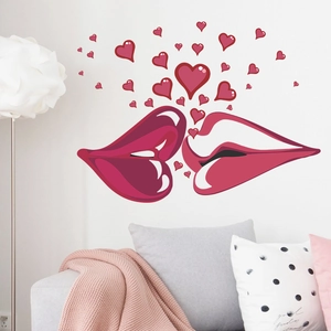 Romantic Valentine red lips and hearts wall stickers for bedroom home decoration