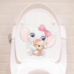 Cartoon elephant and bear wall sticker for toilet decoration with pink bow and heart design
