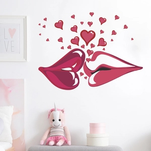 Romantic red lips and hearts wall sticker for bedroom and Valentine's day home decor