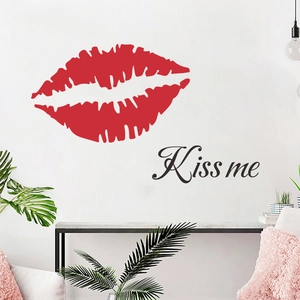 Red sexy lips wall sticker with black Kiss me text for modern bedroom home wall decor