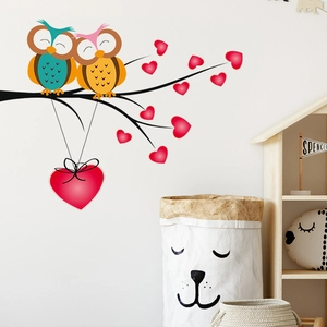 Cartoon owl wall decal with red hearts on branch for bedroom home wall decoration