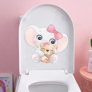 Cute cartoon elephant and bear sticker for toilet lid and wall decor in a pink nursery