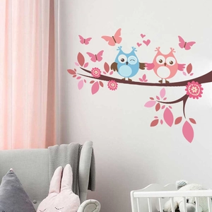 Adesivo da Parete a Forma di Gufo Su Ramo d'Albero Cartone Animato Farfalla Cuore Floreale PVC per Camera dei Bambini