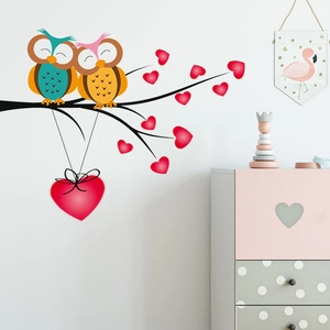 Cartoon Owl Couple Tree Branch Heart Wall Sticker PVC Self Adhesive DIY Decal For Bedroom Nursery Home Decor Valentine