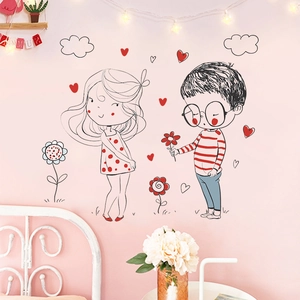 Cartoon couple wall decals with hearts and flowers for romantic bedroom wall decor