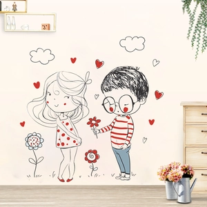 Cartoon couple wall decal with hearts and flowers for living room decor