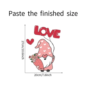 Detail showing cartoon gnome with LOVE heart balloons and size markings of 27cm by 20cm