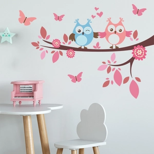 Adesivi murali gufo e albero per cameretta bambini con decorazioni farfalle