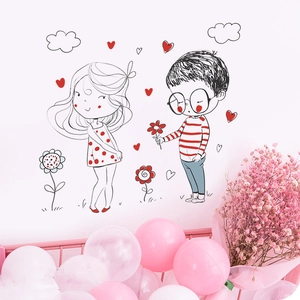 Cartoon couple wall sticker with red hearts and flowers for romantic home decor