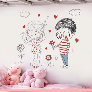 Cartoon couple wall stickers with heart and flower motifs for home bedroom decoration
