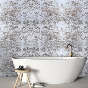 Realistic stone texture self-adhesive wallpaper in a modern bathroom with a white bathtub
