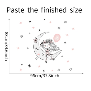 Dettaglio adesivo murale con ragazza sulla luna e stelle, dimensioni finali 96cm per 88cm