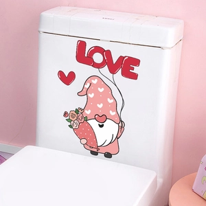 Cute Valentine gnome holding heart balloons on self-adhesive toilet tank sticker decor