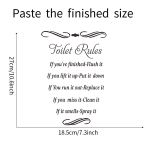 Detail view of Toilet Rules wall sticker with dimensions 27cm by 18.5cm in black art font
