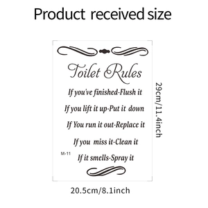 Layout and dimensions of 'Toilet Rules' vinyl wall sticker showing 29x20.5cm measurements
