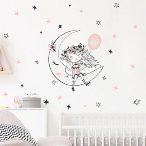 Adesivo murale ragazza sulla luna con stelle e palloncini per cameretta bambini