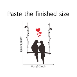 Detailed dimensions of cartoon birds on swing wall sticker showing 12x8cm finished size
