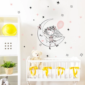 Adesivo murale bambina sulla luna con palloncino rosa e stelle per cameretta