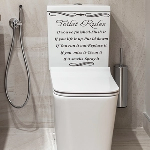 Funny Toilet Rules self-adhesive wall decal on a modern white ceramic toilet tank cover